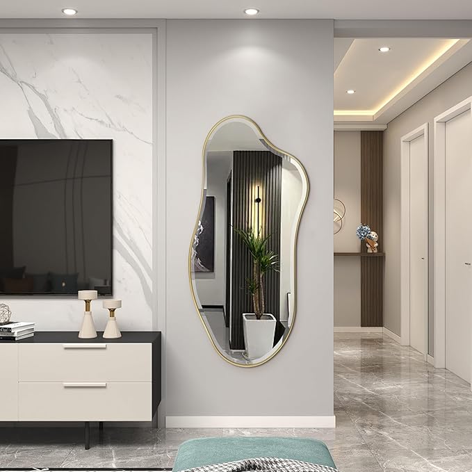 POZINO Irregular Beveled Mirror, 53"x26.5" Modern Premium Organic Wall Mirror with Metal Frame, Gold Asymmetrical Aesthetic Mirrors for Living Room Bedroom Hallway Entryway, Horizontal/Vertical