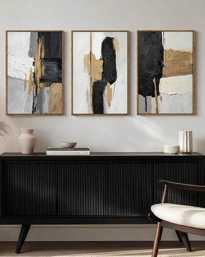 Modern Abstract Wall Art Set of 3 Black Gold Neutral Triptych Canvas Painting, Textured Hand Applied Paint Contemporary Framed Artwork 16x24, Minimalist Gallery Living Room Bedroom Office Decor