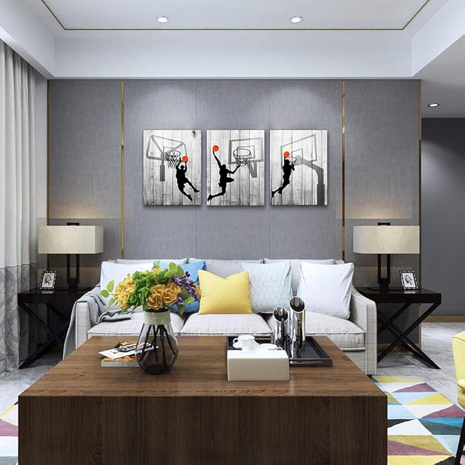 Black And White Canvas Wall Art For Living Room Bathroom And Bedroom Kitchen Wall Decor Artwork Canvas Prints Play Basketball Sport Painting 20" X 28"3 Piece Modern Framed Office Home Decorations