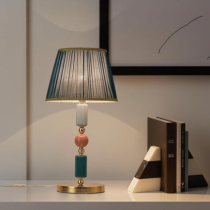 Green Fabric Shade Table Lamp Modern Metal Desk Lamp with Plug Cord Switch for Bedroom Bedside
