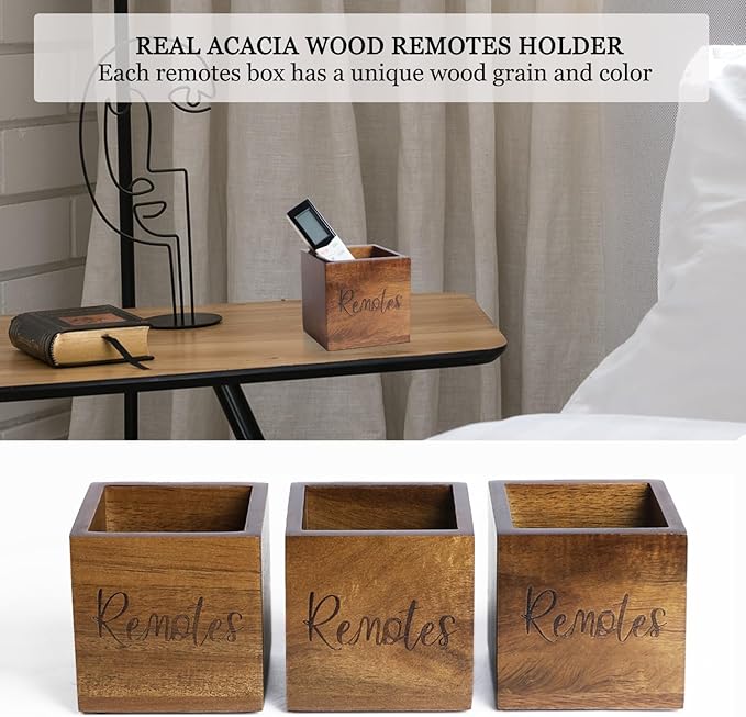 LBEMEY Acacia Wood TV Remote Holder, Caddy and Organizer for Table, Vintage Farmhouse Desk Caddy (Brown for 2 or 3 Remote Controls)