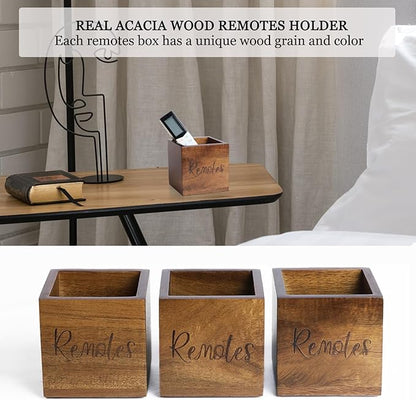LBEMEY Acacia Wood TV Remote Holder, Caddy and Organizer for Table, Vintage Farmhouse Desk Caddy (Brown for 2 or 3 Remote Controls)