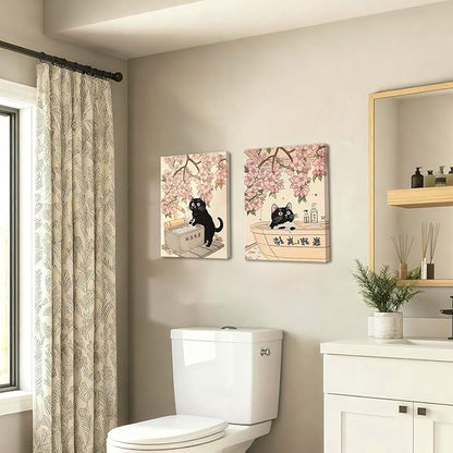 Funny Japanese Bathroom Wall Art Set of 3, Whimsical Black Cat Bathroom Wall Decor Painting Cute Japan Animal on Toilet Reading Poster Canvas Prints 16x24 inch Framed