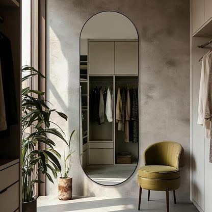 Oval Full Length Mirror, 71"×24" Wall-Mounted Floor Mirror with Metal Frame, Ultra-Clear Explosion-Proof Dressing Mirror, Simple and Classic Deco for Cloakroom/Bedroom/Living Room, Black