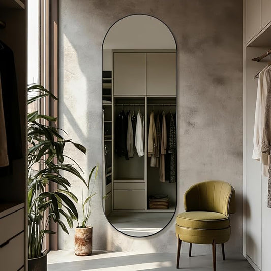 Oval Full Length Mirror, 71"×24" Wall-Mounted Floor Mirror with Metal Frame, Ultra-Clear Explosion-Proof Dressing Mirror, Simple and Classic Deco for Cloakroom/Bedroom/Living Room, Black