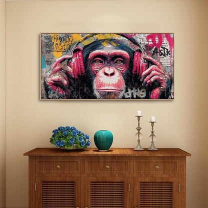 Sorbrozo DJ Gorilla Street Wall Art Print - Colorful Graffiti Canvas Painting with Headphones Music Theme Wall Decor for Boys Room Home and Office 20x40in