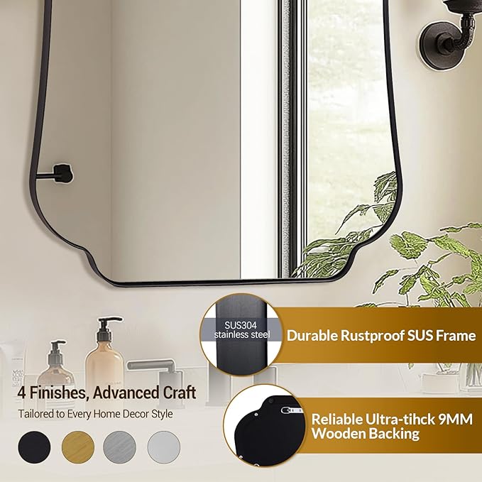 ANDY STAR Bathroom Vanity Mirror, 24x40 Matte Black Rectangle Mirror with Scalloped Round Corner, Vintage Metal Wall Mirror,Hangs Horizontal Or Vertical