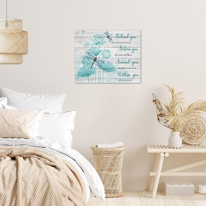 LB Farmhouse Floral Inspirational Wall Art Vintage Watercolor Teal Flower with Dragonfly Canvas Wall Art Modern Motivational Wall Decor for Bedroom Bathroom Living Room Framed Ready to Hang 12L x 16W