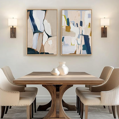 Large Framed Neutral Abstract Wall Art, 2 Piece Beige and Navy Blue Modern Minimalist Canvas Prints Paintings Artwork for Walls, Colorful Pictures for Living Room Dining Bedroom Wall Decor 20x30 In