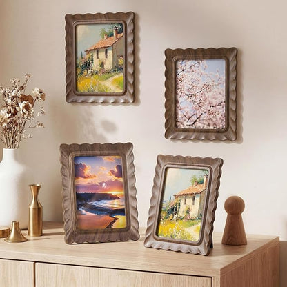 Novabright 4 Pcs 5 x 7 Inch Wood Scalloped Petal Picture Frame Vintage Photo Frame with Real Glass for Tabletop and Wall Display Home Decor Photo Gallery Family Friend Wedding Graduation Gift