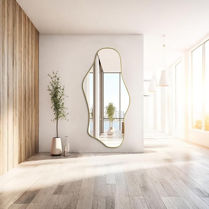 Irregular Mirror Full Length, 63.4"x29" Large Asymmetrical Mirror with Gold Metal Frame, Modern Abstract Wall Mirrors for Living Room Bedroom Entryway, Hangs Vertically or Horizontally