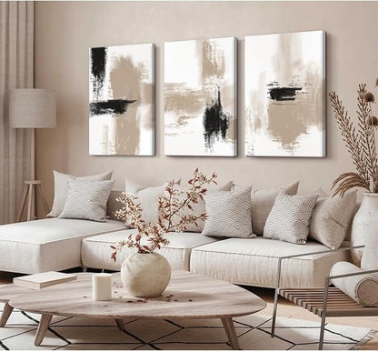 Beige Abstract Wall Art Painting Set of 3 Neutral Canvas Wall Art Prints Black Beige Modern Wall Decor Minimalist Art Pictures Abstract Modern Artwork for Room Bedroom 12x16 Inch Framed