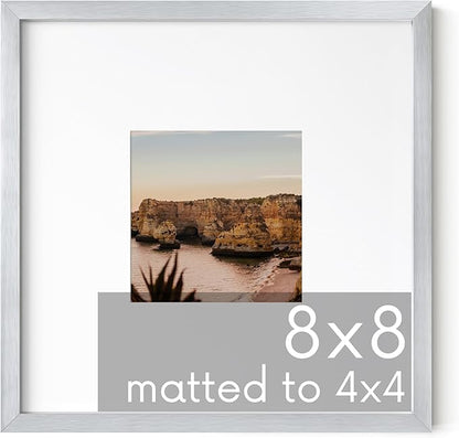 HAUS AND HUES 8x8 Silver Metal Picture Frame Matted to 4x4 - Premium Aluminum with Hanging Hardware, Shatterproof Plexiglass - Ideal for Home or Office (8x8 in, Silver, Set of 1)