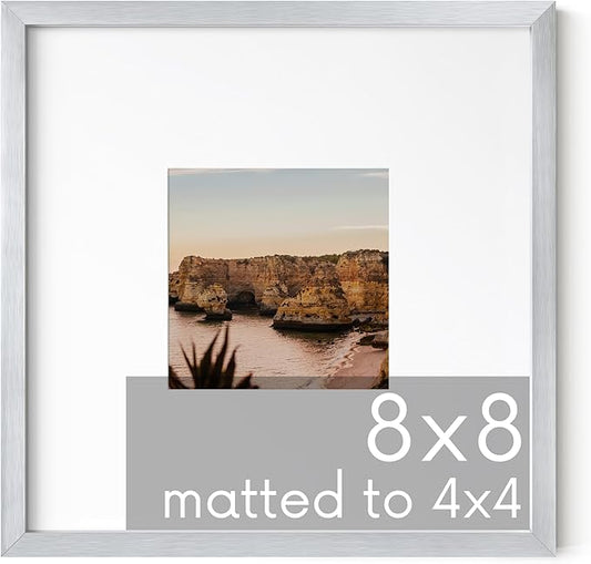 HAUS AND HUES 8x8 Silver Metal Picture Frame Matted to 4x4 - Premium Aluminum with Hanging Hardware, Shatterproof Plexiglass - Ideal for Home or Office (8x8 in, Silver, Set of 1)