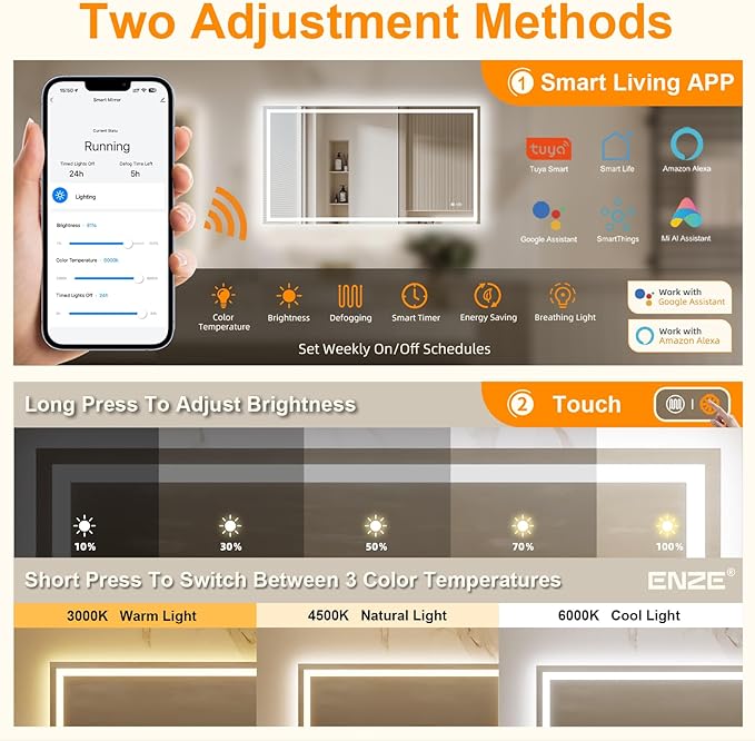 ENZE 28"x 48" Smart Lighted Bathroom Mirror for Wall, WiFi App & Voice Control (Alexa/Google), Anti-Fog, 3-Color Dimmable, Built-in Clock, Plug-in/Hardwired Vanity Mirror