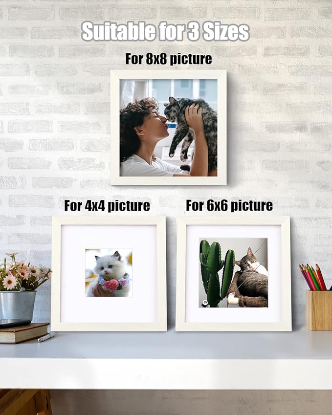 Egofine 8x8 Picture Frames Made of Solid Wood with Plexiglass, Display Pictures 4x4/6x6 with Mat or 8x8 Without Mat Set of 4 for Tabletop and Wall Mounting, Beige