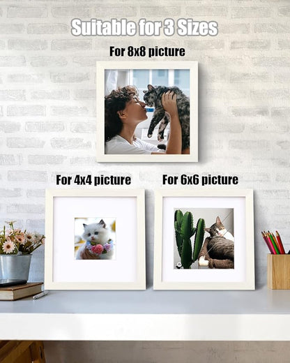 Egofine 8x8 Picture Frames Made of Solid Wood with Plexiglass, Display Pictures 4x4/6x6 with Mat or 8x8 Without Mat Set of 4 for Tabletop and Wall Mounting, Beige