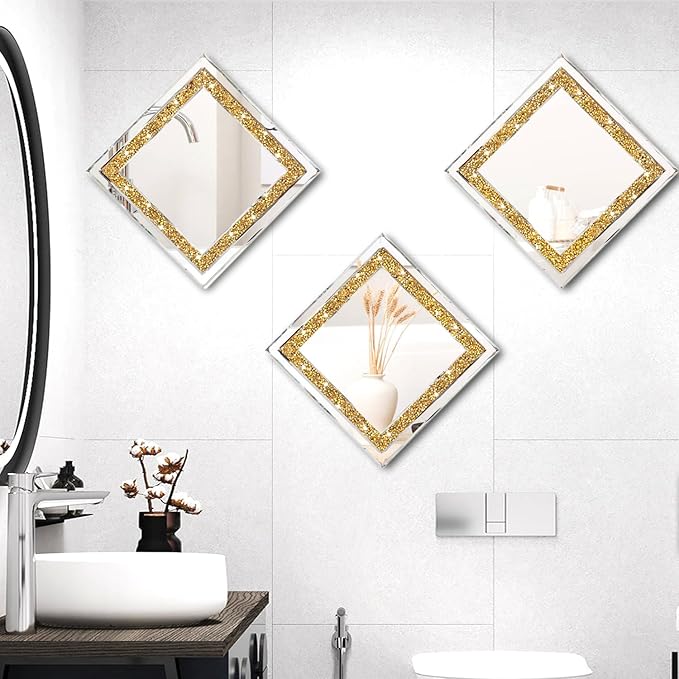 ZOLAPI 2PCS Crystal Rhinestone Diamond Wall Mirror.Brilliant Hand-Spliced Glass Mirror.Gold Accent Decorative Mirror for Hallway/Bathroom/Bedroom（12”x12”）