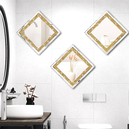 ZOLAPI 2PCS Crystal Rhinestone Diamond Wall Mirror.Brilliant Hand-Spliced Glass Mirror.Gold Accent Decorative Mirror for Hallway/Bathroom/Bedroom（12”x12”）