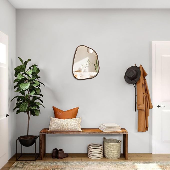 Irregular Wooden Framed Wall Mirror Modern Oval Asymmetrical Unique Hanging Mirror Artistic Wavy Mirror Decor Bathroom Vanity Bedroom Living Room Entryway Hallway Large Brown16 x12