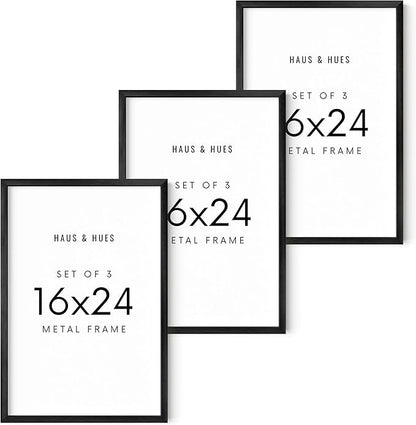 HAUS AND HUES 16x24 Black Metal Picture Frames - Features Premium Aluminum, Vertical & Horizontal Hang, Shatterproof Plexiglass - Perfect for Home, Room, Office (16x24 in, Black, Set of 3)