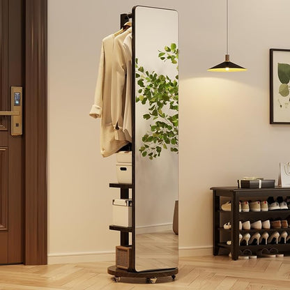 WoodsWhisper Full Length Mirror Coat Rack Solid Wood Floor Mirror 66"x12" Full Length Mirror with Stand Long Mirrors for Bedroom,Living Room (Black-Mobile, 66" Lx12 W)