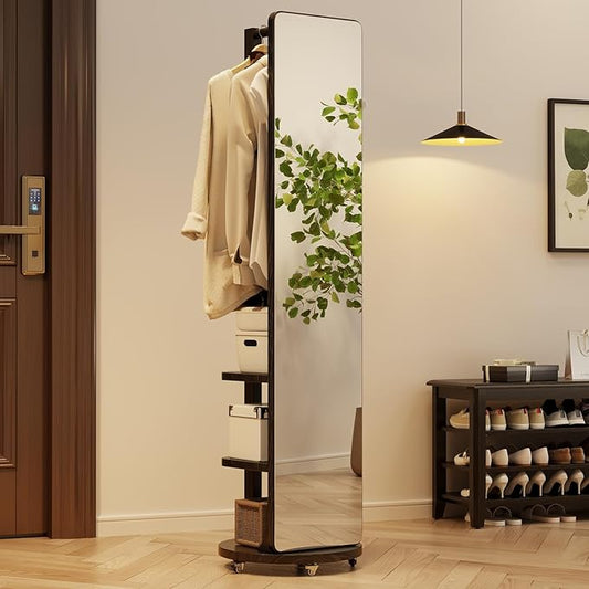 WoodsWhisper Full Length Mirror Coat Rack Solid Wood Floor Mirror 66"x12" Full Length Mirror with Stand Long Mirrors for Bedroom,Living Room (Black-Mobile, 66" Lx12 W)