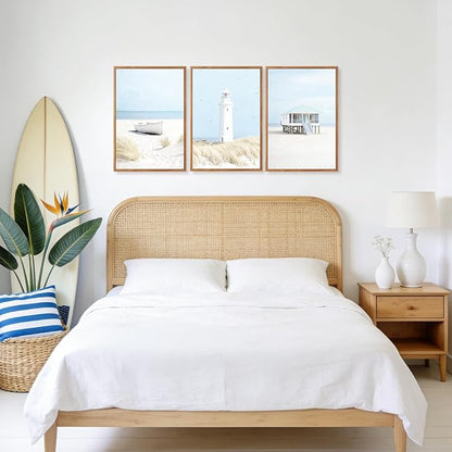 Aurlan Blue Coastal Beachy Seascape Framed Wall Art(16"x24"), 3PCS Neutral Modern Nautical Ocean Landscape Canvas Artwork, Large Minimalist Pampas Grass Sailboat Lighthouse Seagull Cabin Decor for Bedroom Living Room