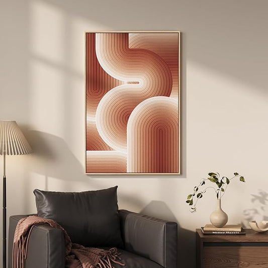 3D Textured Framed Boho Abstract Wall Art, Modern Terracotta Carved Geometric Paintings Artwork for Walls, Minimalist Wavy Line Pictures for Living Room Bedroom Dining Room Hallway Wall Decor 24x36 In
