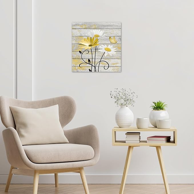 HVEST Farmhouse Yellow Floral Wall Art for Bathroom, Retro Daisy and Butterfly on Rustic Wood Canvas Wall Art Nature Flower Pictures for Living Room Bedroom Apartment Wall Decor,12L X 12W inches