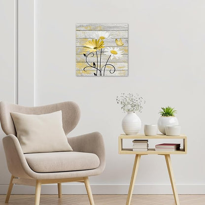 HVEST Farmhouse Yellow Floral Wall Art for Bathroom, Retro Daisy and Butterfly on Rustic Wood Canvas Wall Art Nature Flower Pictures for Living Room Bedroom Apartment Wall Decor,12L X 12W inches