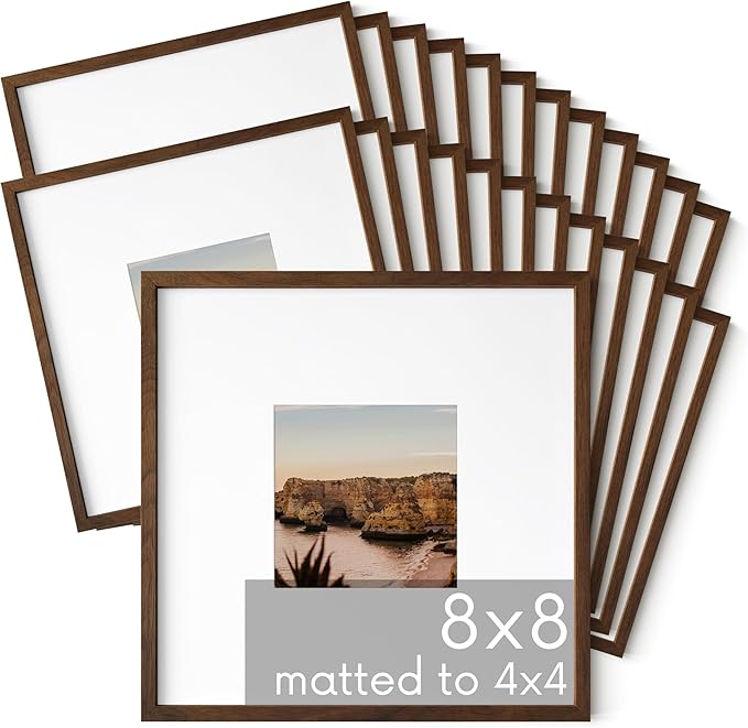 HAUS AND HUES Walnut Oak Wood 8x8 Picture Frames - Set of 25, Square Frames with Mat, Natural Wood Frames for Photos (8x8 in, Walnut, Set of 25)