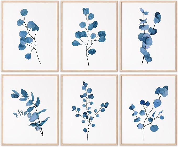 DREAM BIG PRINTABLES Eucalyptus Dark Blue Art Prints (Set of 6) - Unframed - 11x14s | Trendy Botanical Decor for Living Room, Family Room, Bathroom, Office, Nursery - Gift for Gardener, Plant Lover