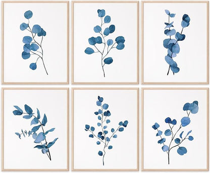 DREAM BIG PRINTABLES Eucalyptus Dark Blue Art Prints (Set of 6) - Unframed - 11x14s | Trendy Botanical Decor for Living Room, Family Room, Bathroom, Office, Nursery - Gift for Gardener, Plant Lover