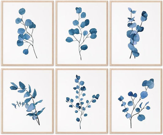 DREAM BIG PRINTABLES Eucalyptus Dark Blue Art Prints (Set of 6) - Unframed - 11x14s | Trendy Botanical Decor for Living Room, Family Room, Bathroom, Office, Nursery - Gift for Gardener, Plant Lover
