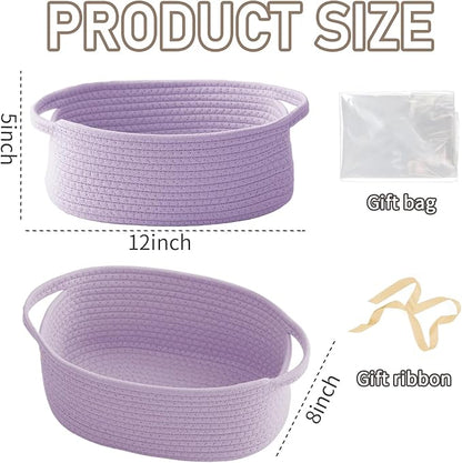 JMvicyroam Woven Basket,Small Rope Storage Bin with Handles & Ribbon Bag, Organizer for Shelves Closets,Gift Basket Empty for Birthday,Books,Dog Toys, Purple/2 Pack