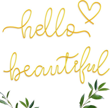 Hicarer Metal Hello Gorgeous Wall Art Minimalist Decor for Bedroom Bathroom Living Room Dressing Room Salon Office Home Decorations Easy to Install Wall Decor(Gold,Lovely Style)