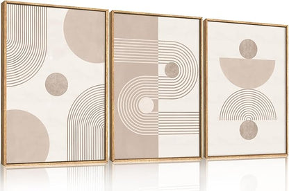 HPINUB Boho Abstract Framed Canvas Wall Art Set, Beige Mid Century Wall Decor, Neutral Geometric Minimalist Line Artwork for Living Room, Bedroom, Dining Room, Office, Bathroom - 24"x36"x3