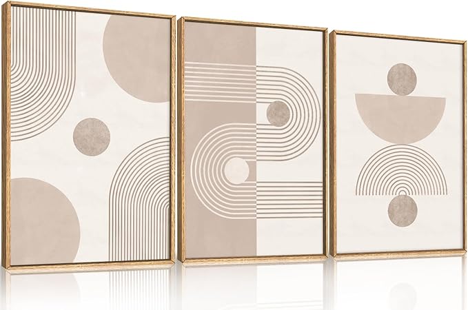 HPINUB Boho Abstract Framed Canvas Wall Art Set, Beige Mid Century Wall Decor, Neutral Geometric Minimalist Line Artwork for Living Room, Bedroom, Dining Room, Office, Bathroom - 16"x24"x3