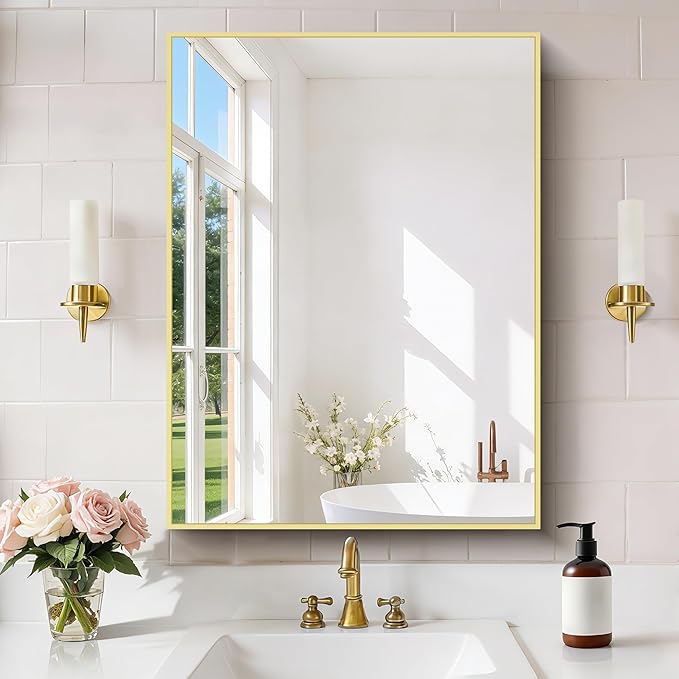COFENY Gold Bathroom Mirror for Wall, 24x32 Inch Rectangle Mirror with Metal Frame, Modern Vanity Mirrors for Bathroom Living Room, Entryway Hangs Horizontal or Vertical