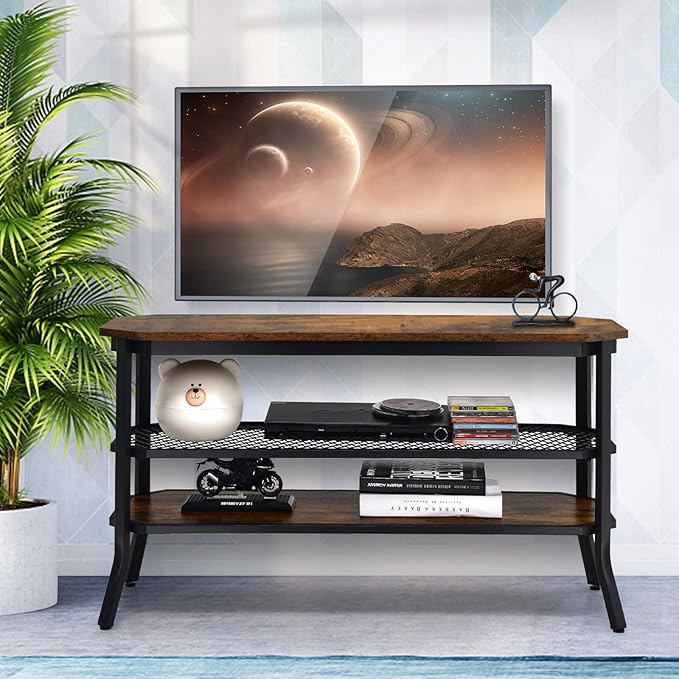GOFLAME Industrial TV Stand for TVs up to 46", 3-Tier Wood TV Cabinet with Steel Frame, Rustic Entryway Console Table, Media Entertainment Center for Living Room, Bedroom, Rustic Brown & Black