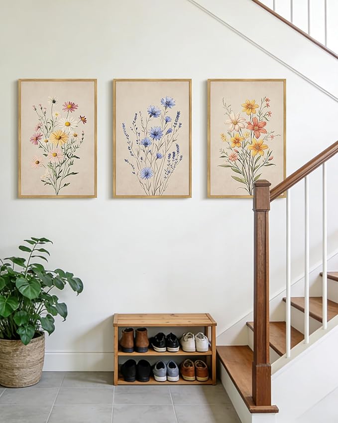 Drsoum Vintage Flower Bouquet Wall Art Framed Retro Bohemian Boho Colorful Floral Plant Rustic Artwork Nature Botanical Wildflower Prints Bedroom Living Room Ready to Hang 16x24in Natural Framed