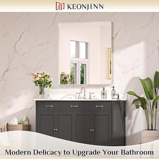 Keonjinn 32 x 36 Inch Brushed Nickel Bathroom Mirrors for Over Sink, Rounded Rectangle Silver Bathroom Vanity Mirror, Farmhouse Mirror for Wall, HD Tempered Glass, Anti-Rust Aluminum Alloy Mirror
