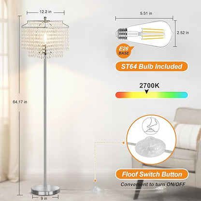 Luvkczc Crystal Floor Lamp, 64" Tall Modern Standing Lamps with Double-Layer Lampshade, On-Off Foot Switch, Silver Finish Pole Lamp for Living Room, Bedroom, Office, 8W Bulb Included