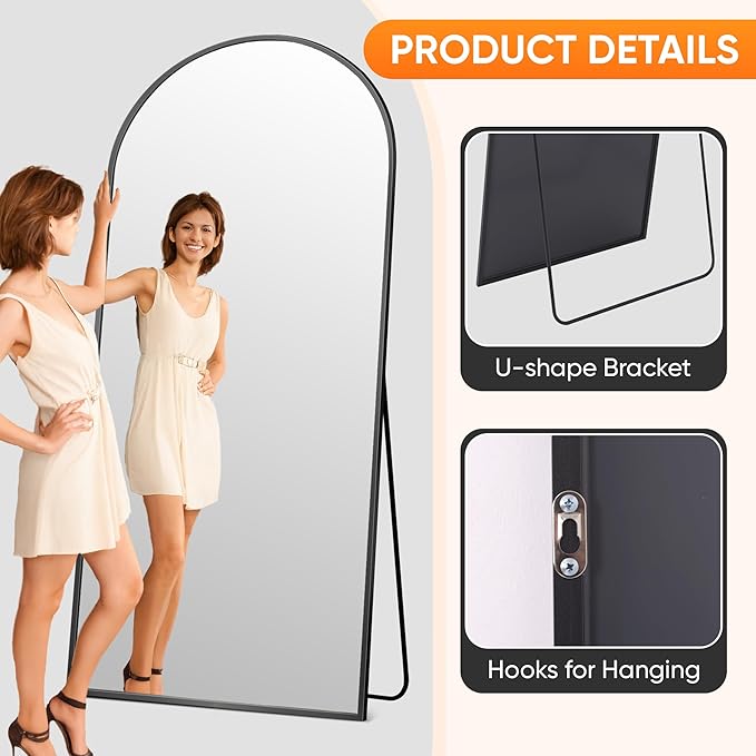 Suidia Full Length Mirror, 71"x32" Floor Standing Mirror Freestanding, Full Body Mirrors with Stand for Bedroom, Hanging Mounted for Living Room Cloakroom, Black, Arched Style