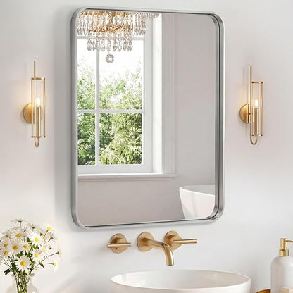 NEWBULIG 16X20 Inch Bathroom Mirror for Over Sink, Wall Vanity Mirrors Tempered Glass, Anti-Rust Metal Framed Rounded Rectangle, Hangs Horizontally or Vertically, Farmhouse Home Decor, Silvery
