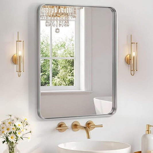 NEWBULIG 16X20 Inch Bathroom Mirror for Over Sink, Wall Vanity Mirrors Tempered Glass, Anti-Rust Metal Framed Rounded Rectangle, Hangs Horizontally or Vertically, Farmhouse Home Decor, Silvery