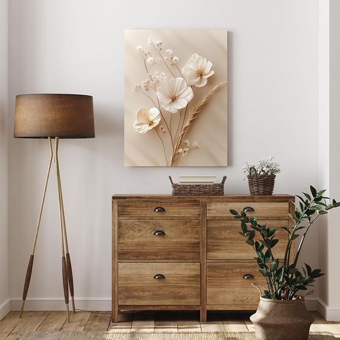 GELDSTEI Neutral Simple Beige Floral Canvas Wall Art, Modern Minimalist Botanical Wall Decor, Vintage Beige Flower Poster Prints for Living Room Bedroom Farmhouse Framed Set of 3, Each 16x24 Inch