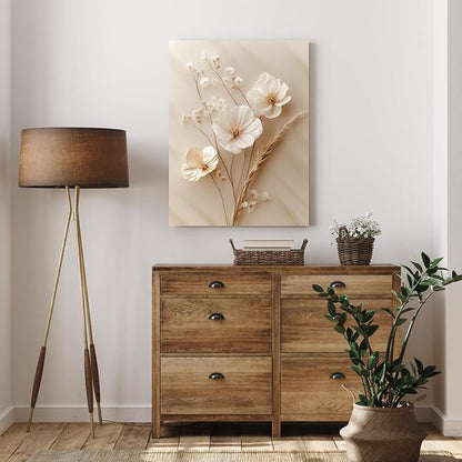 GELDSTEI Neutral Simple Beige Floral Canvas Wall Art, Modern Minimalist Botanical Wall Decor, Vintage Beige Flower Poster Prints for Living Room Bedroom Farmhouse Framed Set of 3, Each 16x24 Inch