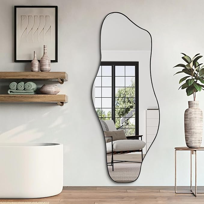 Irregular Frameless Mirror, 60"x24" Large Asymmetrical Tempered Glass Mirror, Modern Organic Shape Mirrors for Living Room Bedroom Hallway Entryway, Hangs Vertically or Horizontally